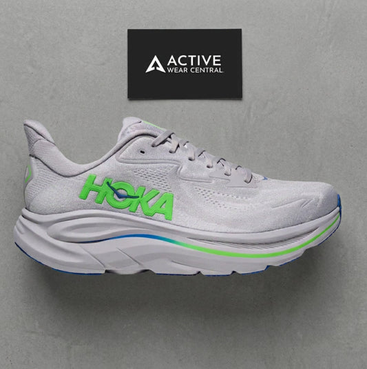 HOKA Clifton 10 shoes- ash grey/ neon green